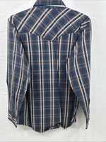 New Men’s ELY 1878 Blue Brown Plaid Long Sleeve Pearl Snap Medium J-89