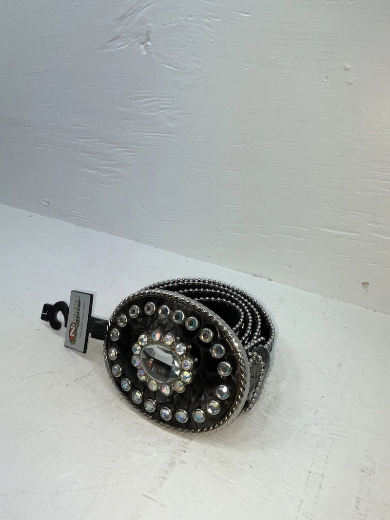 New Black Genuine Leather Nocona Silver Bling Beaded L Belt #N3424601 JJ-70