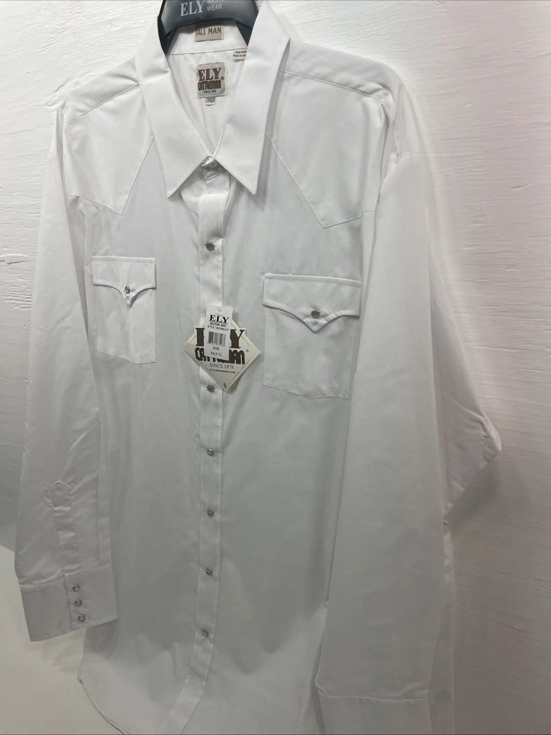 New Men’s ELY Cattleman White Long Sleeve Pearl Snap 3XL E-20