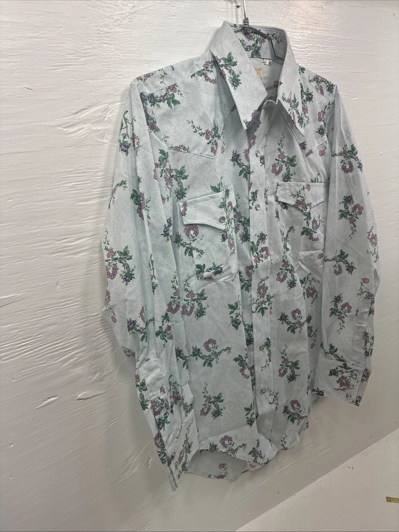 New Men’s Texson Blue Floral Long Sleeve Pearl Snap 14 X 32 Small V-65