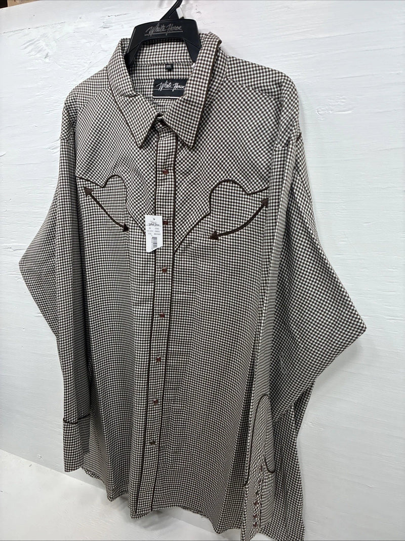 New Men’s White Horse Brown White Checkered Long Sleeve Pearl Snap 2XL H-50