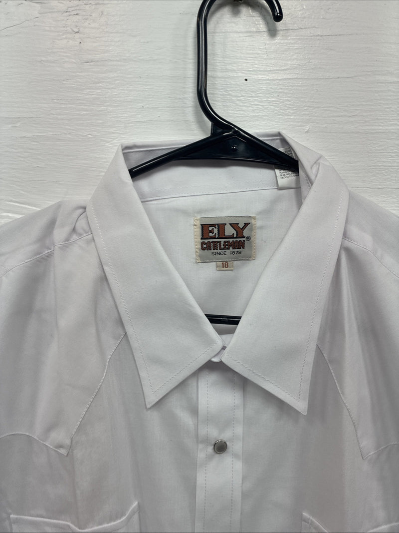 New Men’s ELY Cattleman White Short Sleeve Pearl Snap 18 2XL F-57