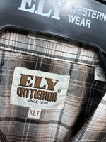 New Men’s ELY Cattleman Brown Plaid Long Sleeve Pearl Snap XL O-42