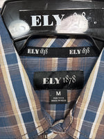 New Men’s ELY 1878 Blue Brown Plaid Long Sleeve Pearl Snap Medium J-89