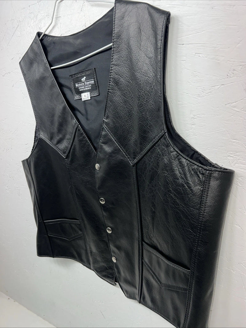 New Men’s Black Western Express Leather Biker Vest XL Q-603