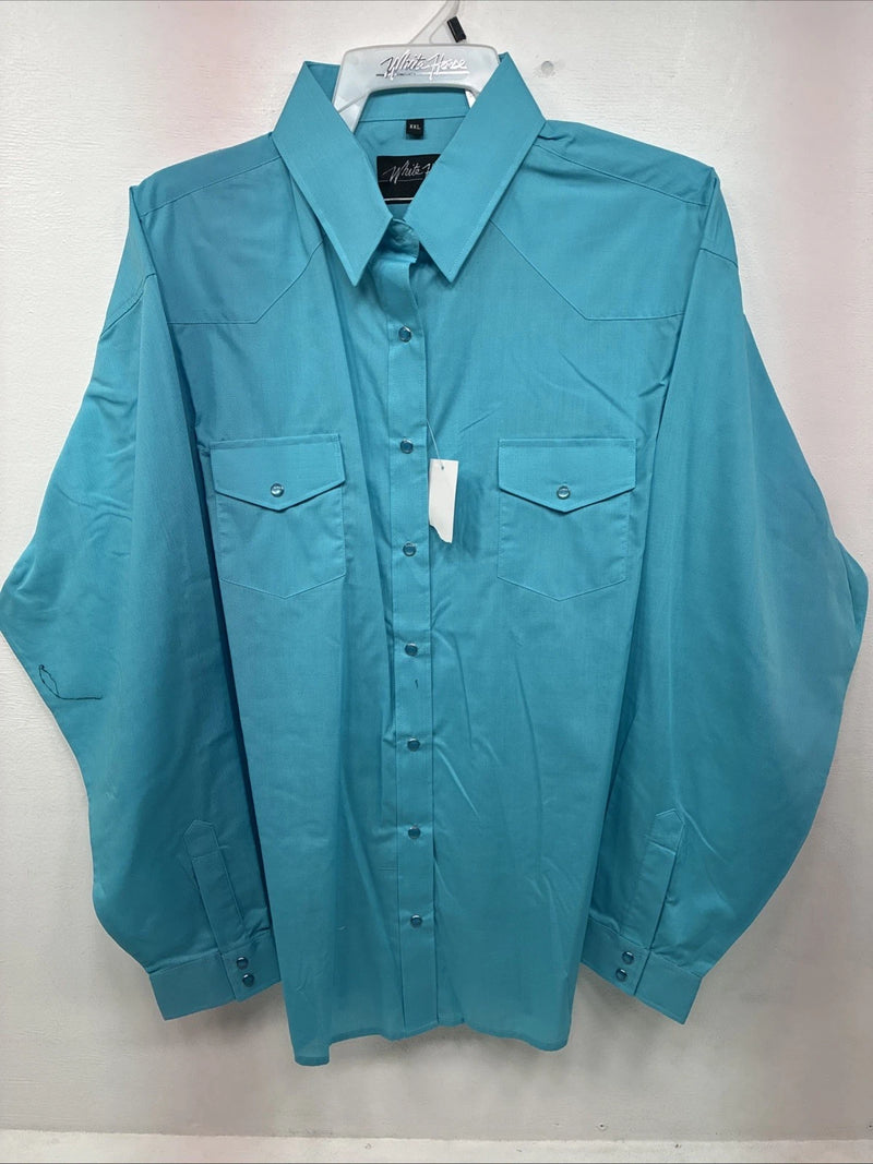 New Women’s White Horse Blue Long Sleeve Pearl Snap 2XL GG-37