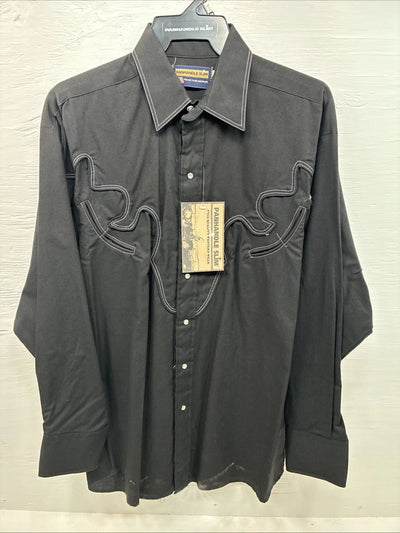 New Men’s Panhandle Slim Black Western Long Sleeve Pearl Snap Large 16.5 AA-4
