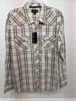New Men’s ELY 1878 Brown White Plaid Long Sleeve Pearl Snap 2XL R-27