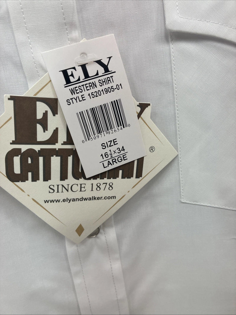 New Men’s ELY Cattleman White Long Sleeve Pearl Snap 16.5 X 34 Large V-116