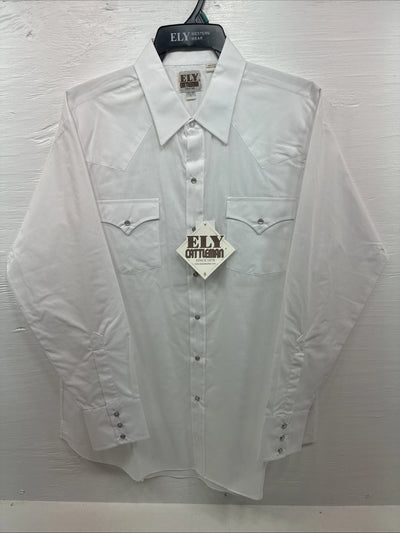 New Men’s ELY Cattleman White Long Sleeve Pearl Snap 17.5 X 35 XL R-45