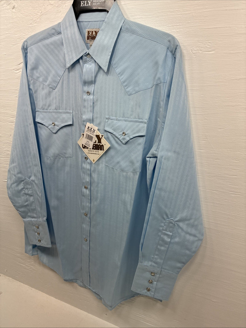 New Men’s ELY Cattleman Blue Stripe Long Sleeve Pearl Snap Medium J-81