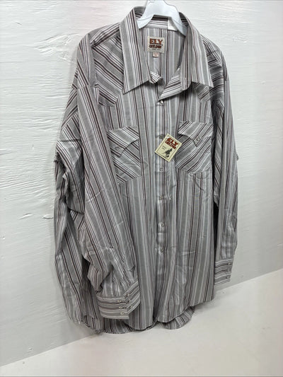 New Men’s ELY Cattleman Gray Stripe Long Sleeve Pearl Snap 18.5 X 35 2XL F-75