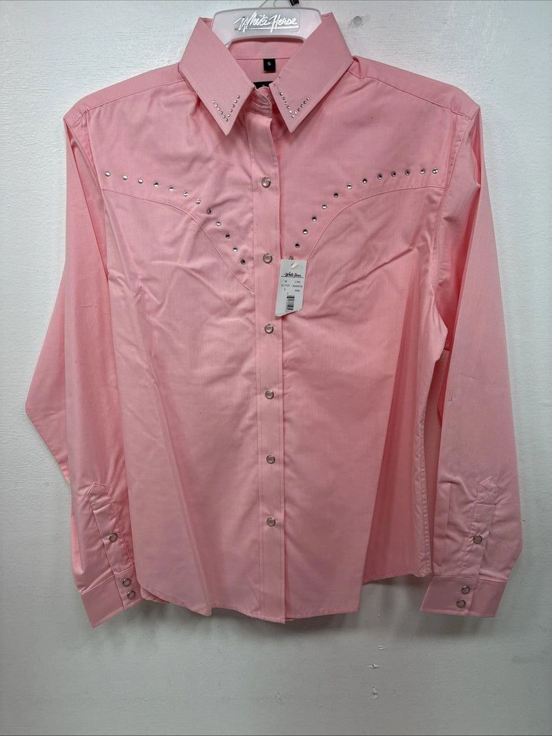New Women’s White Horse Pink Gem Long Sleeve Pearl Snap Small LL-61