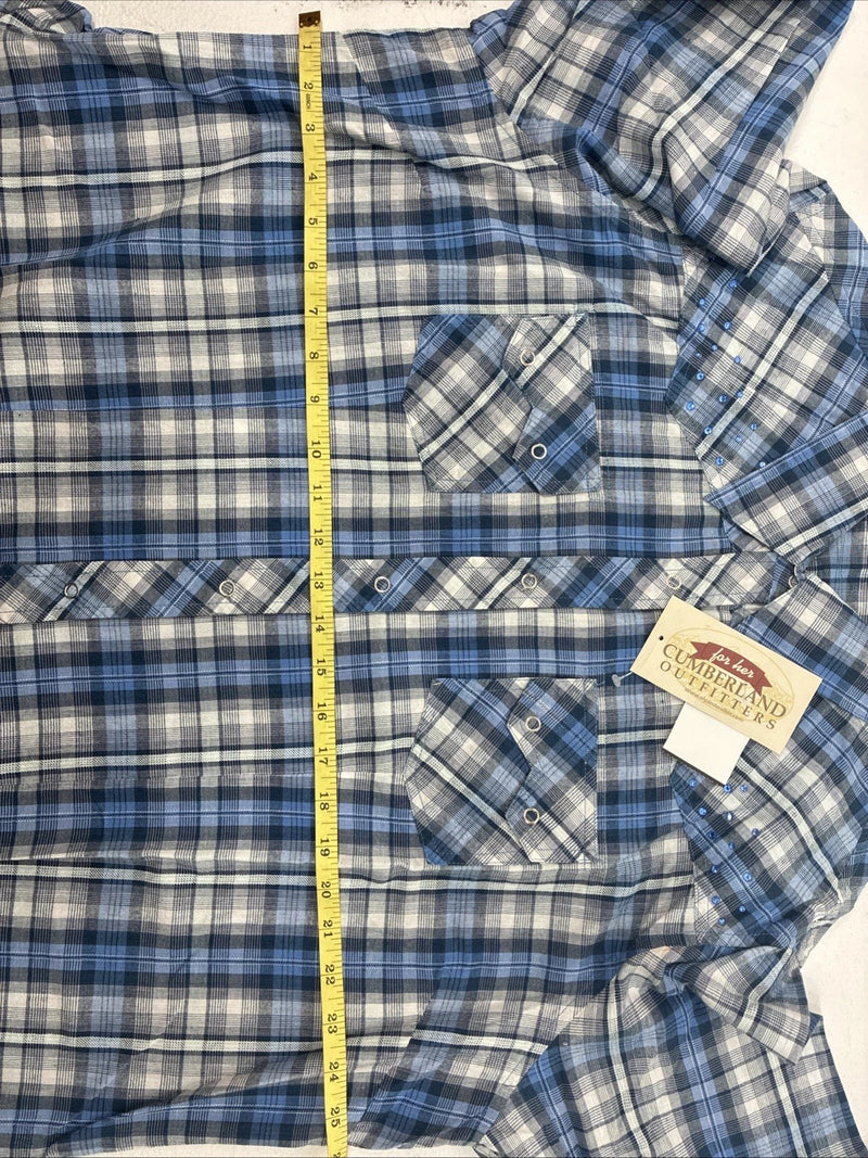 New Women’s Cumberland Blue Plaid Long Sleeve Pearl Snap 3XL GG-58