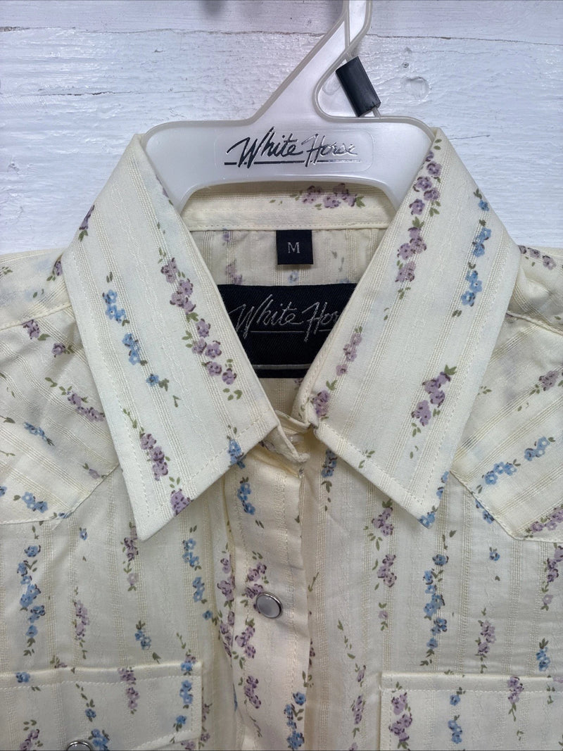 New Kids White Horse Yellow Floral Long Sleeve Pearl Snap Medium DD-48