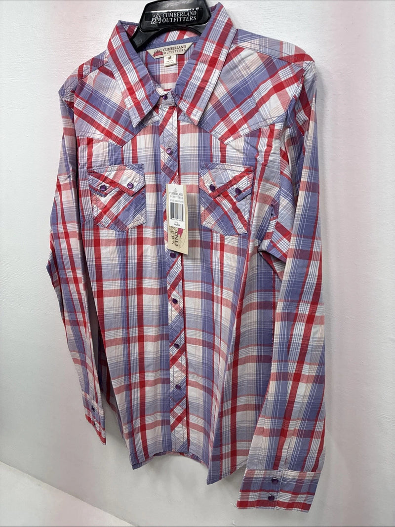 New Women’s Cumberland Pink Purple Plaid Long Sleeve Pearl Snap Medium LL-47