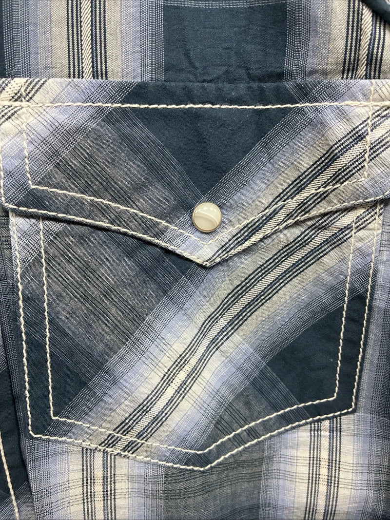 New Men’s ELY 1878 Blue Gray Plaid Long Sleeve Pearl Snap Large V-30 