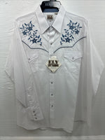 New Men’s ELY Cattleman White Blue Embroidered Long Sleeve Pearl Snap XL J-40