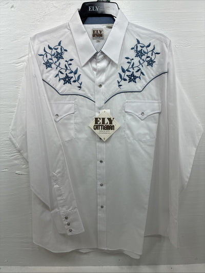 New Men’s ELY Cattleman White Blue Embroidered Long Sleeve Pearl Snap XL J-40