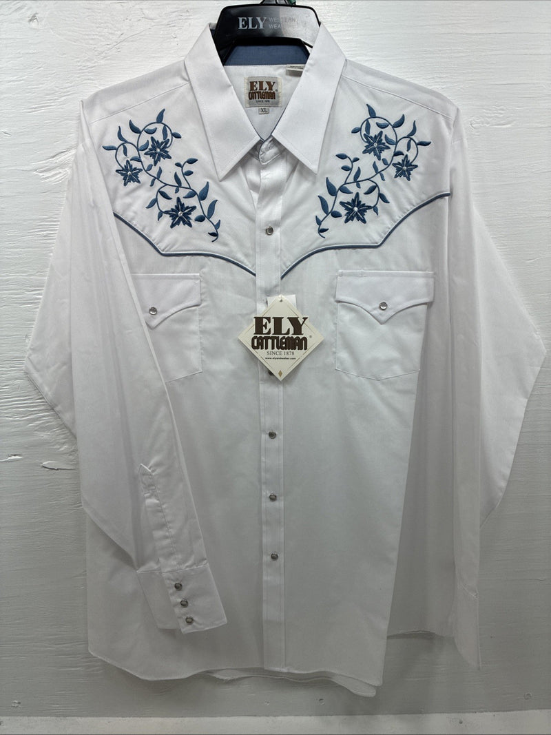 New Men’s ELY Cattleman White Blue Embroidered Long Sleeve Pearl Snap XL J-40