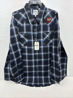 New Men’s ELY Cattleman Black Blue Flannel Long Sleeve Pearl Snap 4XL Tall E-88