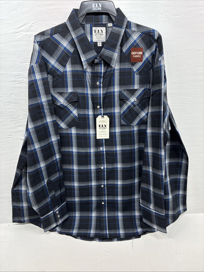 New Men’s ELY Cattleman Black Blue Flannel Long Sleeve Pearl Snap 4XL Tall E-88