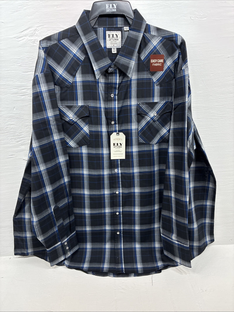 New Men’s ELY Cattleman Black Blue Flannel Long Sleeve Pearl Snap 4XL Tall E-88