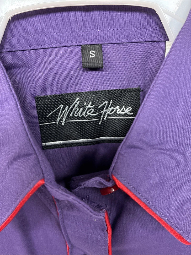 New Women’s White Horse Purple Red Long Sleeve Pearl Snap Small LL-72