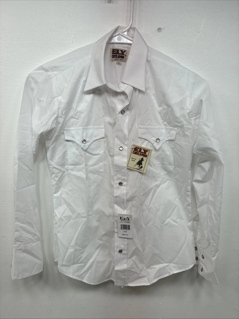 New Boys ELY Cattleman White Long Sleeve Pearl Snap Size 12 DD-110 