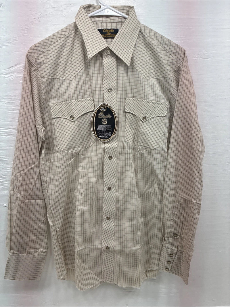 New Men’s Circle S Tan Plaid Long Sleeve Pearl Snap 15 X 34 Medium K-80