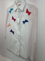 New Women’s H Bar C White Deigned Long Sleeve Pearl Snap Size 10 KK-32