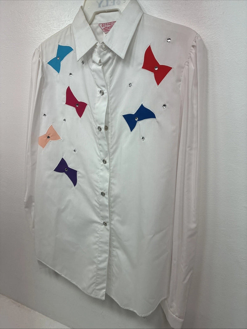 New Women’s H Bar C White Deigned Long Sleeve Pearl Snap Size 10 KK-32