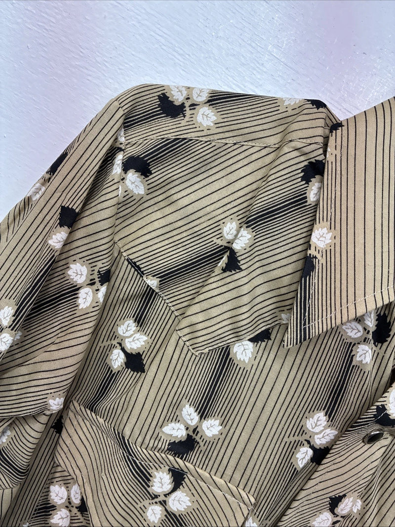 New Men’s ELY Plains Tan Black Floral Long Sleeve Pearl Snap 15.5 Large LL-91