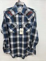 New Men’s ELY Cattleman Blue Gray Plaid Long Sleeve Pearl Snap Medium J-90