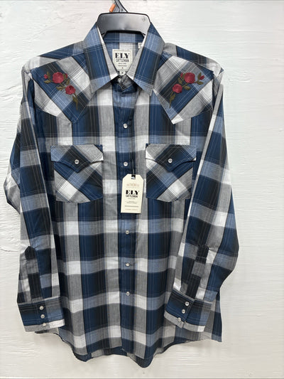 New Men’s ELY Cattleman Blue Gray Plaid Long Sleeve Pearl Snap Medium J-90