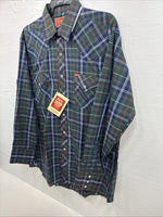 New Men’s ELY Plains Green Blue Plaid Long Sleeve Pearl Snap 16.5 Large  AA-12