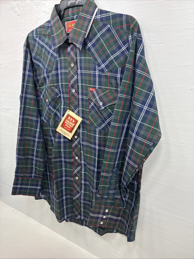 New Men’s ELY Plains Green Blue Plaid Long Sleeve Pearl Snap 16.5 Large  AA-12