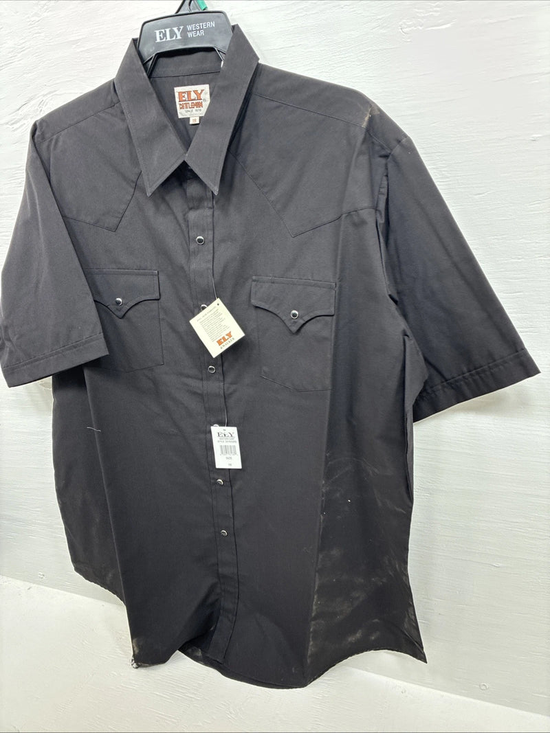 New Men’s ELY Cattleman Black Simple Short Sleeve Pearl Snap 18 2XL F-94