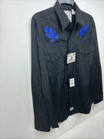 New Women’s ELY 1878 Black Blue Design Long Sleeve Pearl Snap Large LL-30