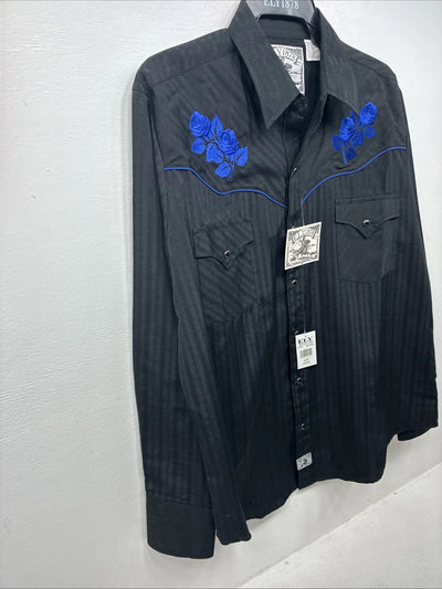 New Women’s ELY 1878 Black Blue Design Long Sleeve Pearl Snap Large LL-30