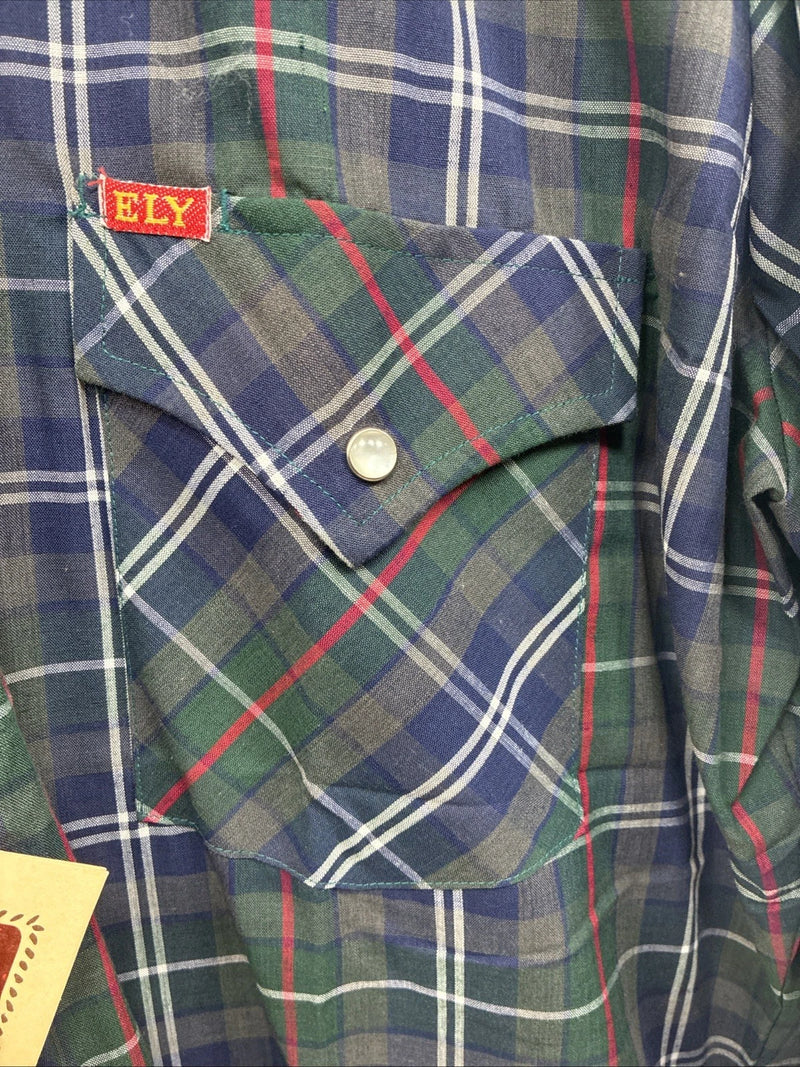 New Men’s ELY Plains Blue Green Plaid Long Sleeve Pearl Snap 15.5 Medium R-30