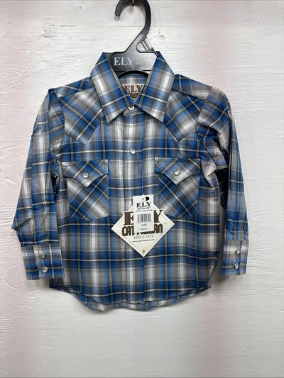 New Toddlers ELY Cattleman Blue Plaid Long Sleeve Pearl Snap JUV-3 DD-17