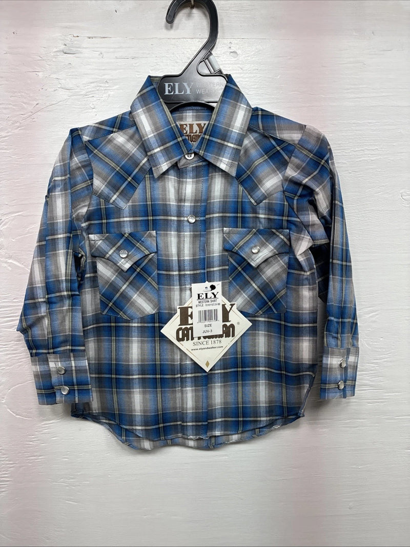 New Toddlers ELY Cattleman Blue Plaid Long Sleeve Pearl Snap JUV-3 DD-17