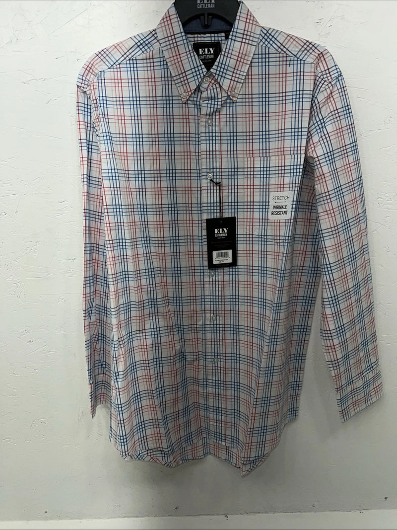 New Men’s Blue Red Plaid ELY Cattleman Button Up Long Sleeve Shirt. M P-42