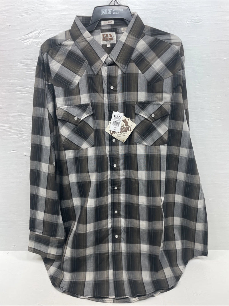 New Men’s ELY Cattleman Brown Long Sleeve Pearl Snap 3XL E-26