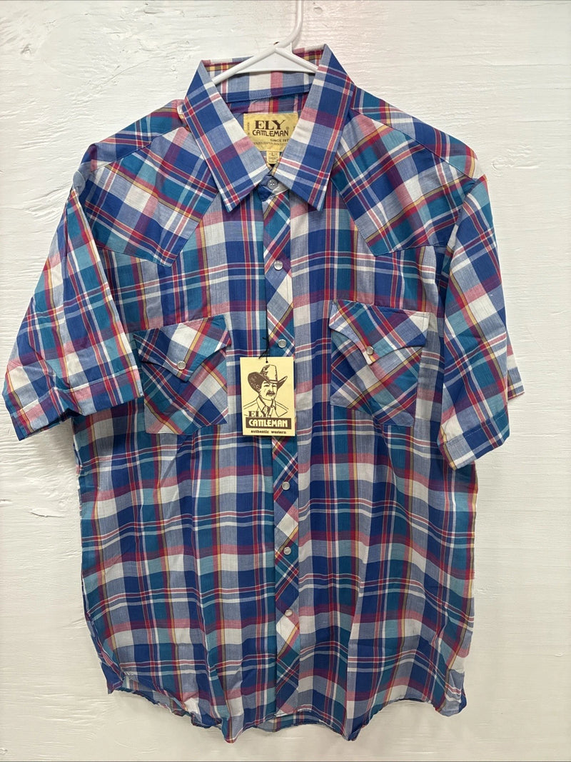 New Men’s ELY Cattleman Purple Plaid Long Sleeve Pearl Snap Large X-35