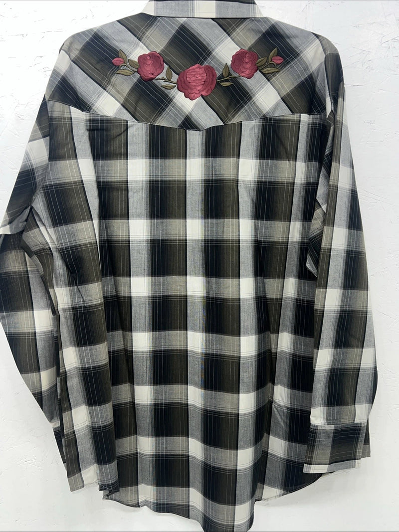 New Men’s Green Plaid Rose ELY cattleman Pearl Snap Long Sleeve Shirt. XXL G-66