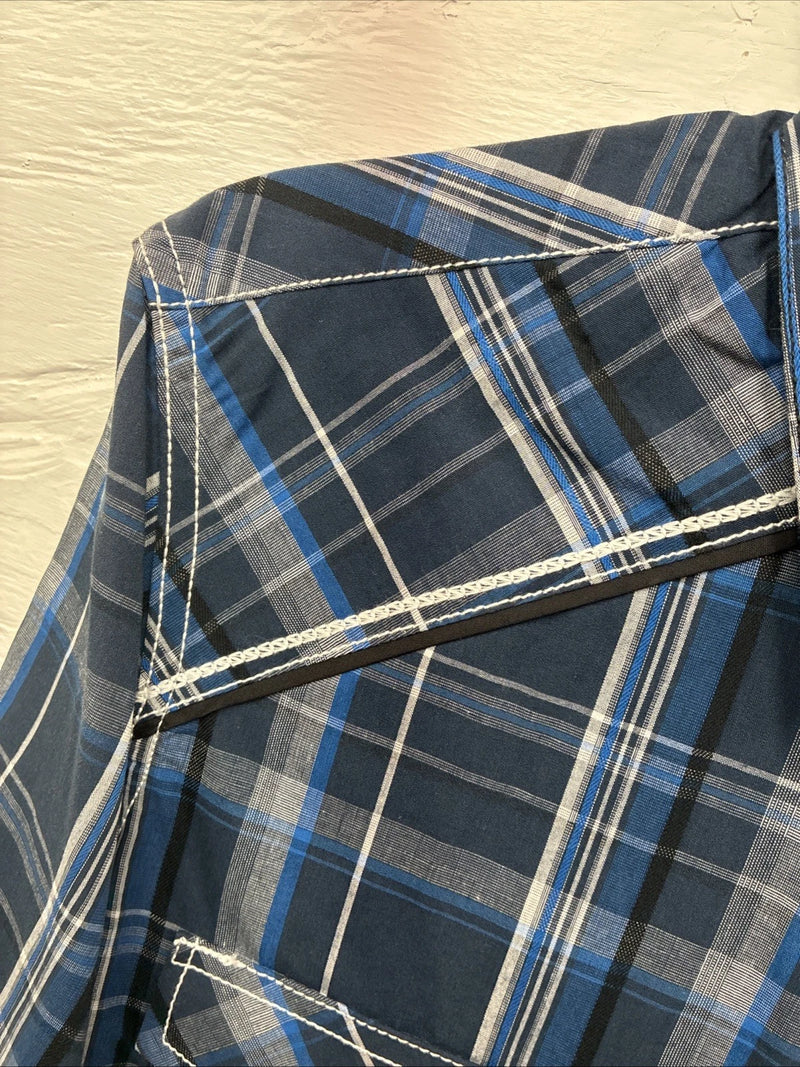 New Men’s ELY 1878 Blue Black Plaid Short Sleeve Pearl Snap Medium J-91