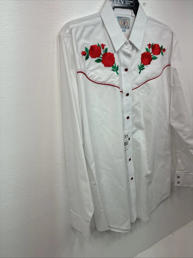 New Women’s Country Charmers White Rose Long Sleeve Pearl Snap Medium LL-55