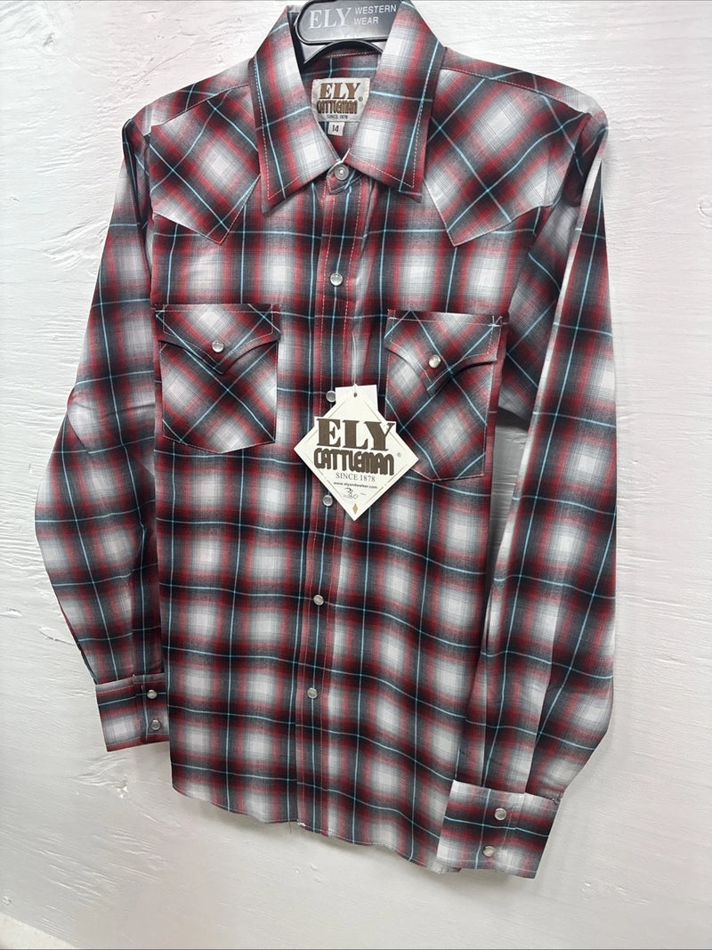 New Kids ELY Cattleman Red plaid Long Sleeve Pearl Snap Size 14 DD-41